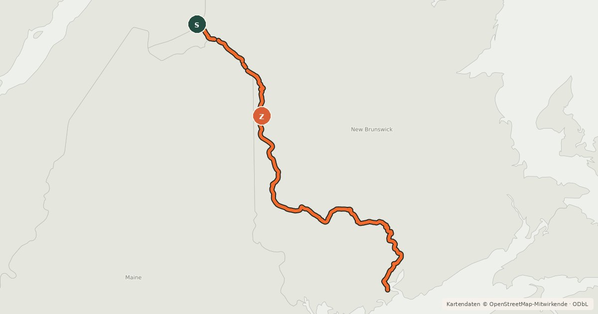 Kartenübersicht der Radroute Trans-Canada Trail (New Brunswick - Edmundston to Saint John)