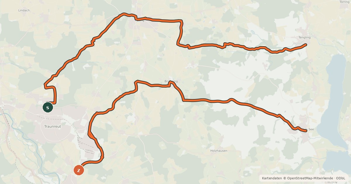 Kartenübersicht der Radroute Traun-Tachinger See