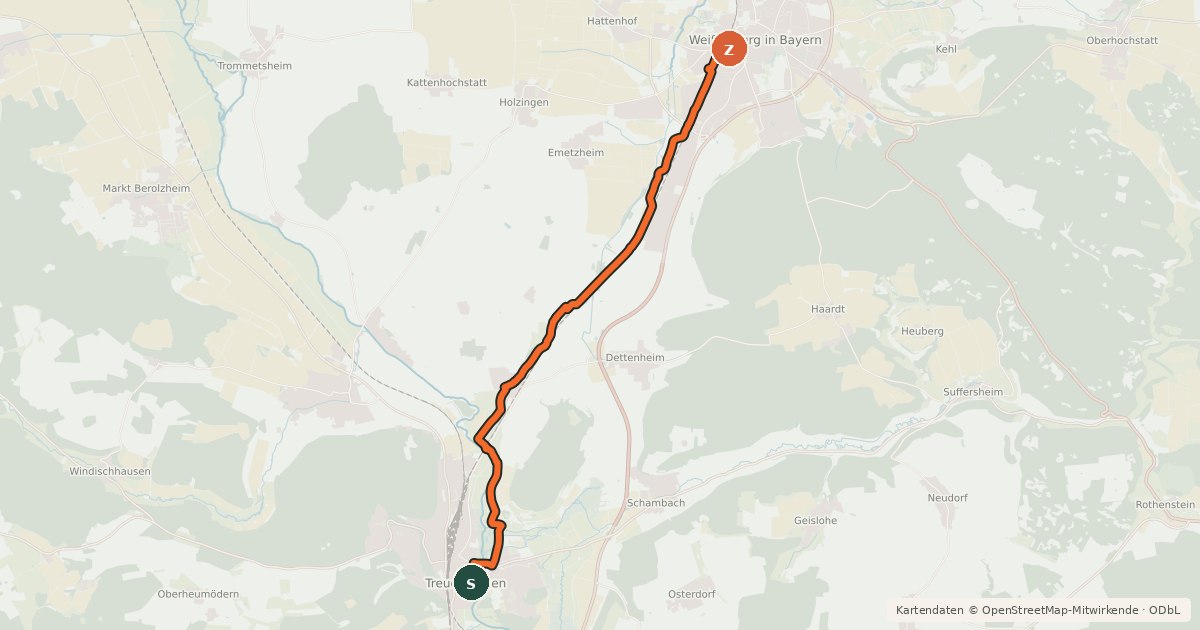 Kartenübersicht der Radroute Treuchtlingen-Weißenburg