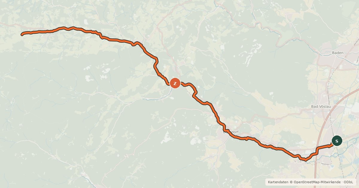 Kartenübersicht der Radroute Triestingtal-Radweg