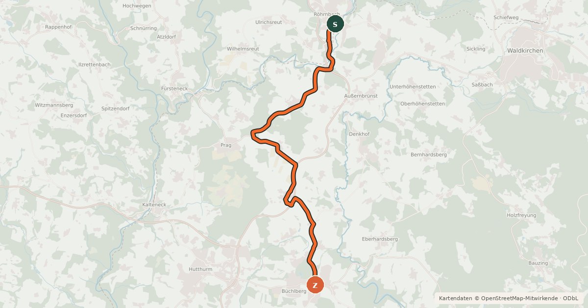 Kartenübersicht der Radroute Über die Höhen nach Büchlberg