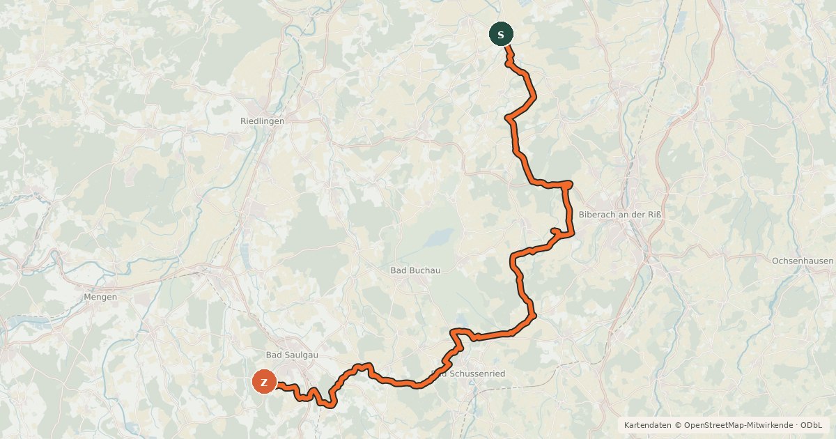 Kartenübersicht der Radroute Ulrikaweg, Etappe 1 - Unterstadion zum Kloster Sießen