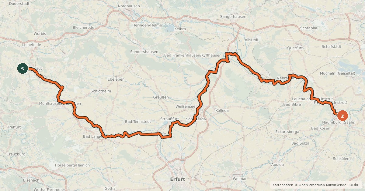 Kartenübersicht der Radroute Unstrutradweg