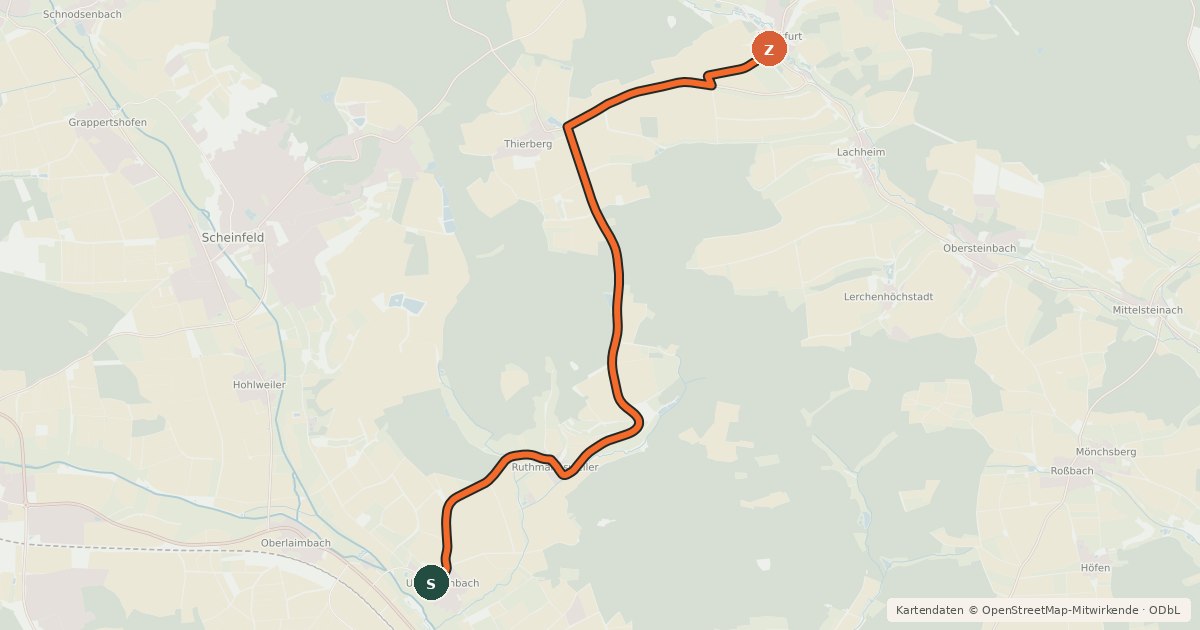 Kartenübersicht der Radroute Unterlaimbach - Frankfurt
