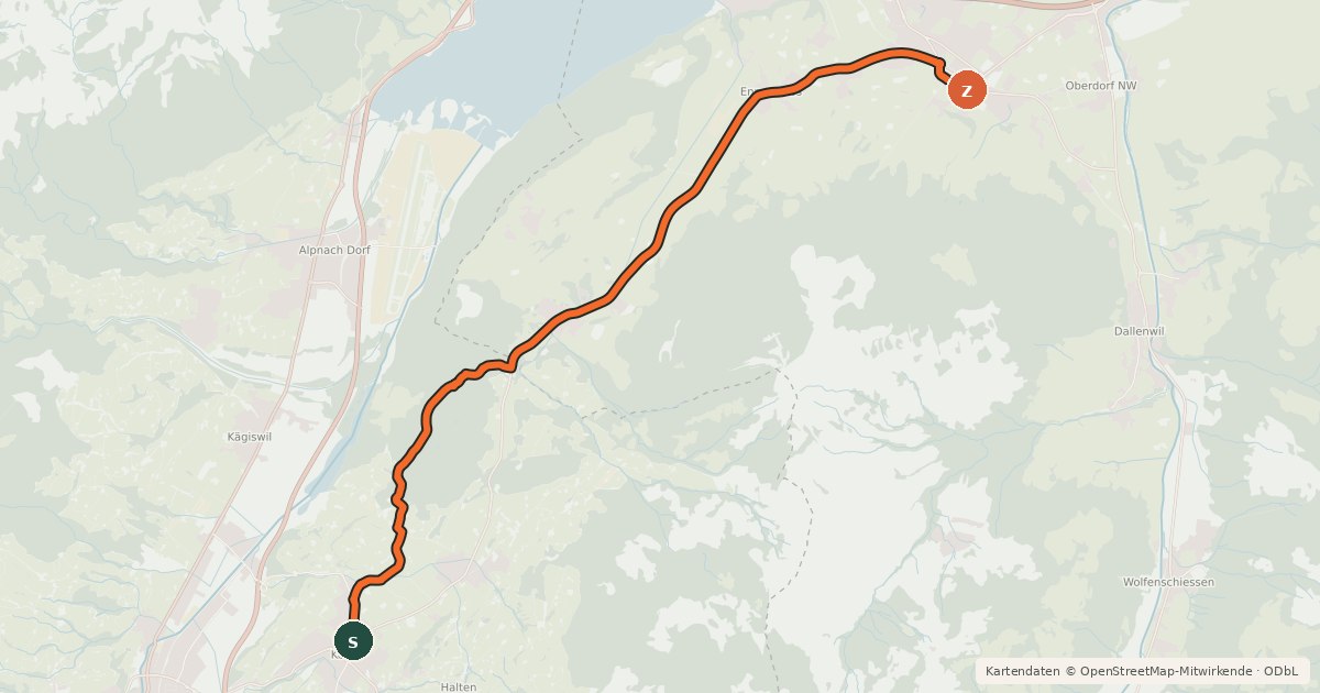 Kartenübersicht der Radroute Unterwaldenroute
