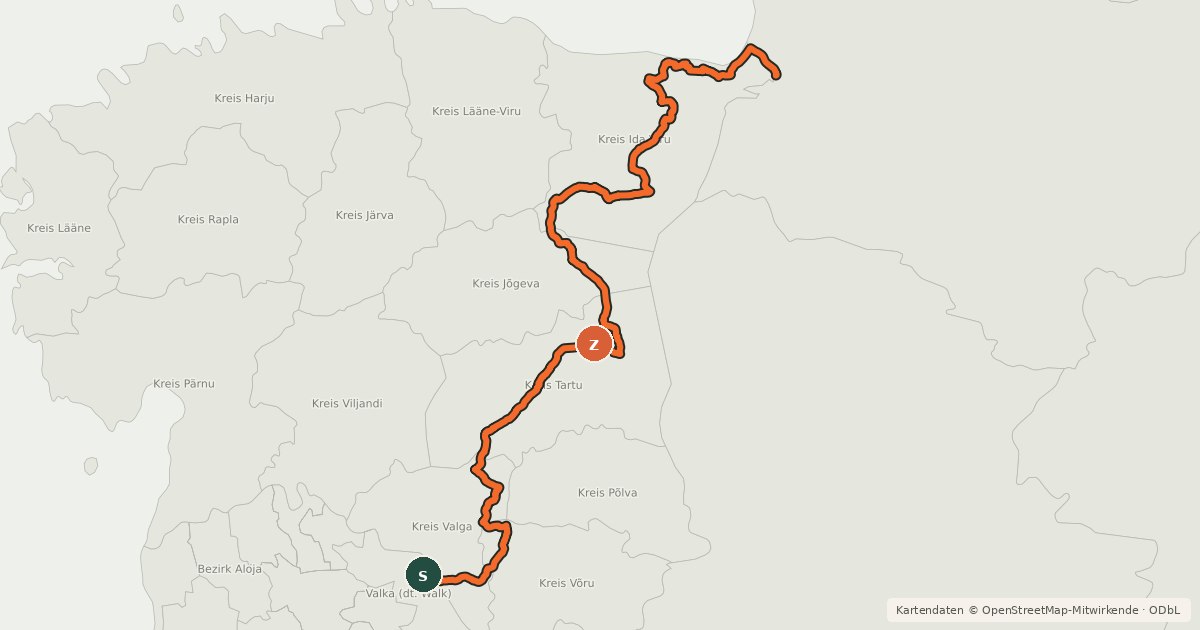 Kartenübersicht der Radroute Valga - Narva cycle route