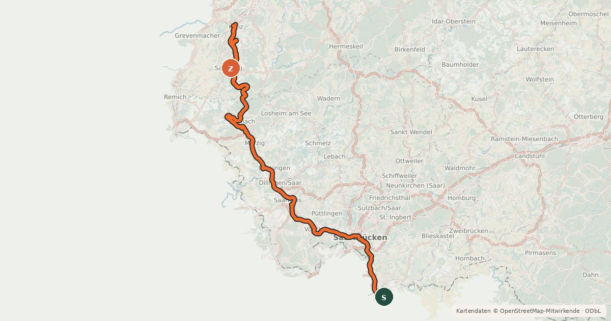 Kartenübersicht der Radroute Vallée de la Sarre