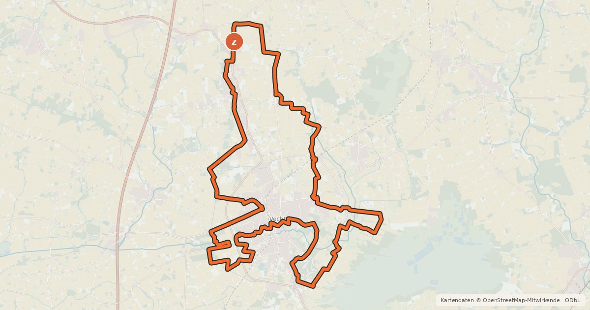 Kartenübersicht der Radroute Vechta-Stadt-Rund-Fahrt