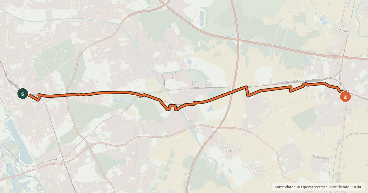 Kartenübersicht der Radroute Veloroute 5 - Radschnellweg Hannover-Lehrte