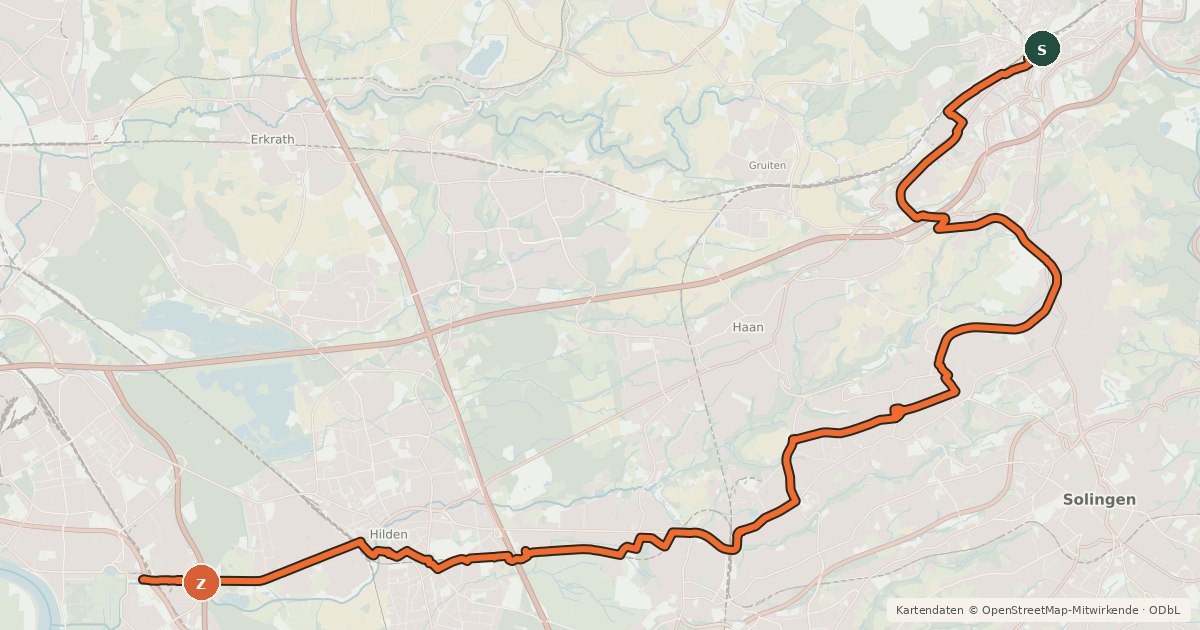 Kartenübersicht der Radroute Veloroute VR1 Hilden-Ohligs-Wald-Vohwinkel