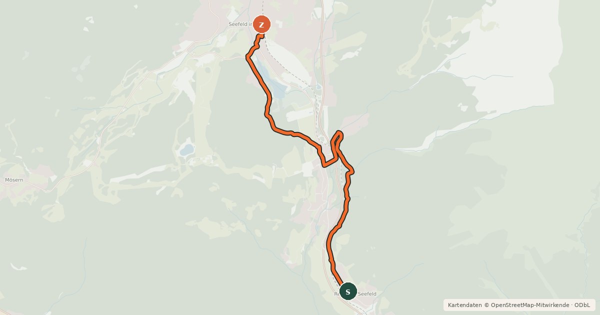 Kartenübersicht der Radroute Verbindung Seefeld - Reith