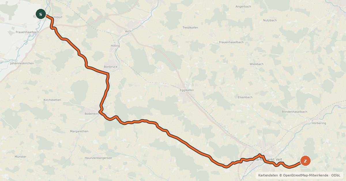 Kartenübersicht der Radroute Vils-Rott-Radweg