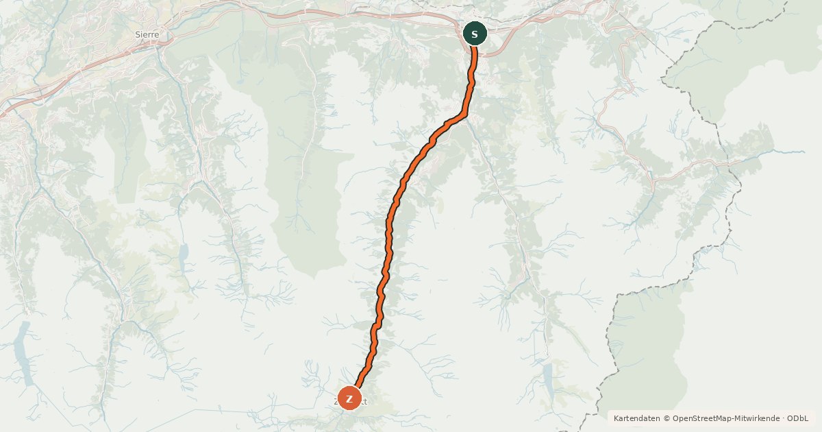 Kartenübersicht der Radroute Visp-Zermatt Bike