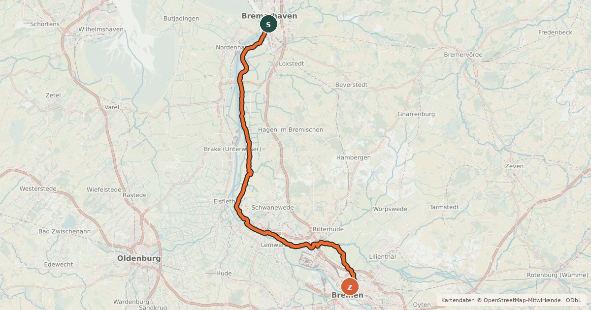 Kartenübersicht der Radroute Vom Teufelsmoor zum Wattenmeer