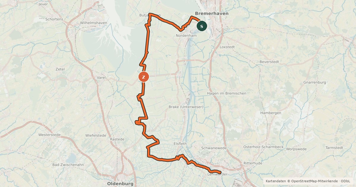 Kartenübersicht der Radroute Vom Teufelsmoor zum Wattenmeer Alternativroute