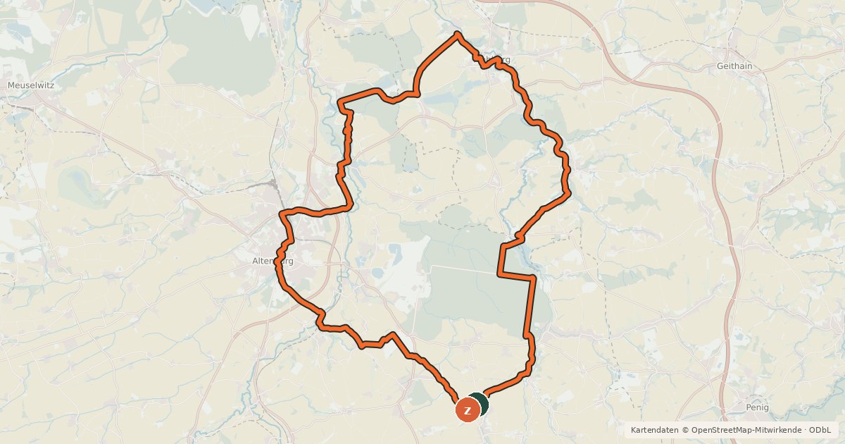 Kartenübersicht der Radroute Von Altenburg ins Kohrener Land