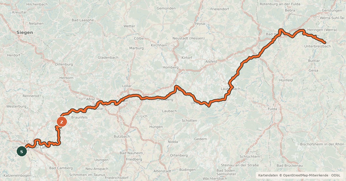 Kartenübersicht der Radroute Von der Lahn zur Werra