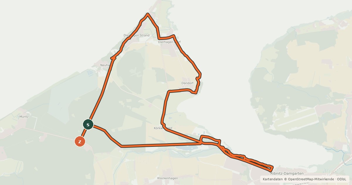 Kartenübersicht der Radroute Von Ribnitz an die Ostsee