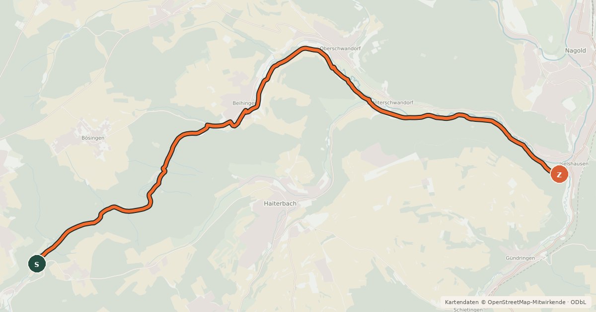 Kartenübersicht der Radroute Waldachtalweg