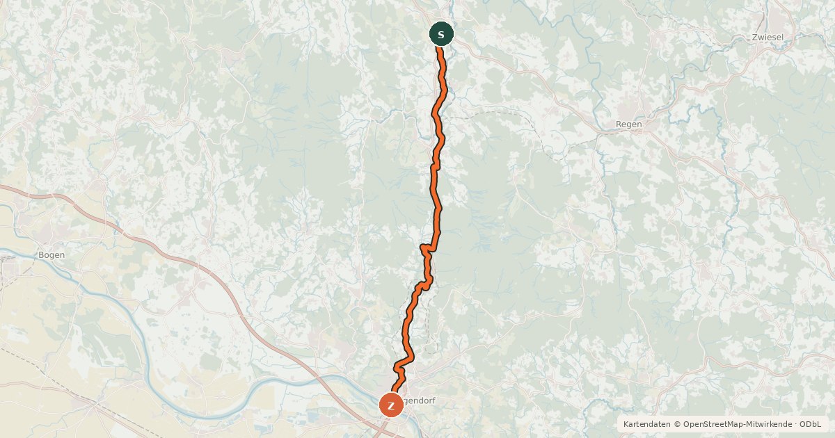 Kartenübersicht der Radroute Waldbahnradweg
