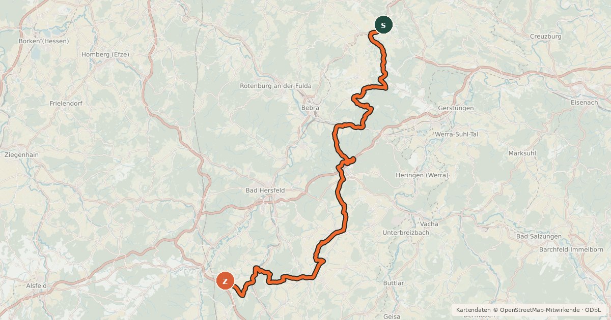 Kartenübersicht der Radroute Waldhessen R13