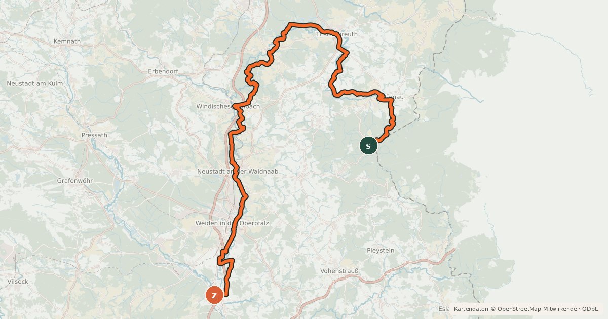 Kartenübersicht der Radroute Waldnaabtal-Radweg