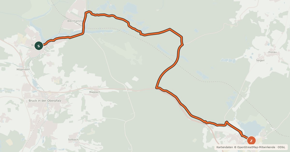 Kartenübersicht der Radroute Wanderradweg Bodenwöhr-Neubäu