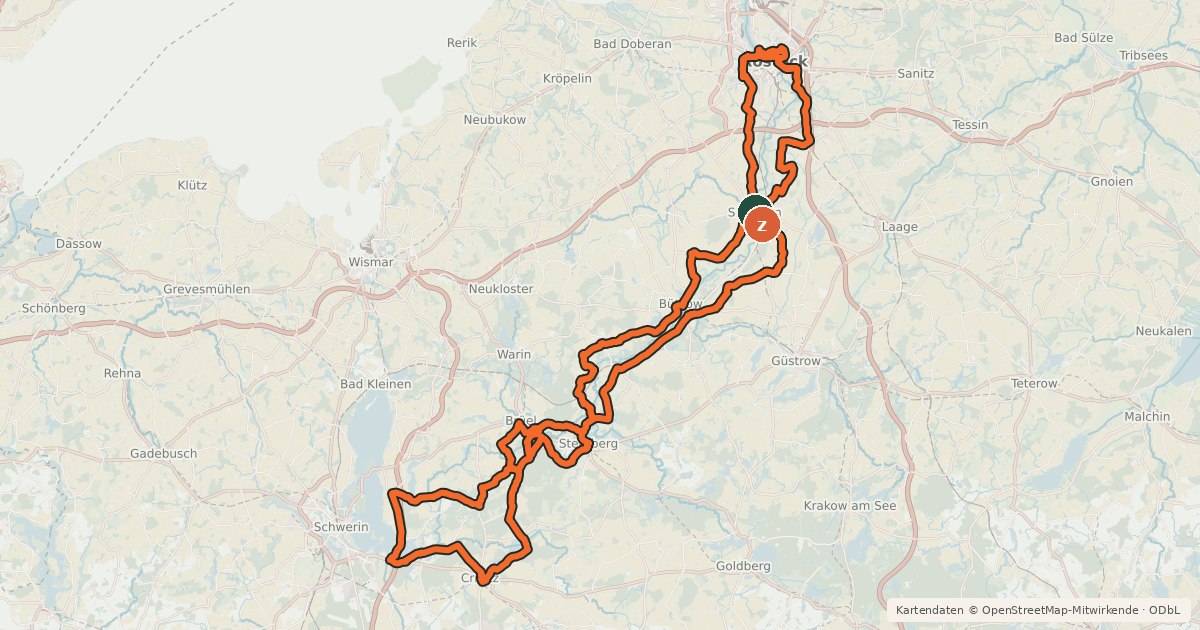 Kartenübersicht der Radroute Warnowtal Rundweg