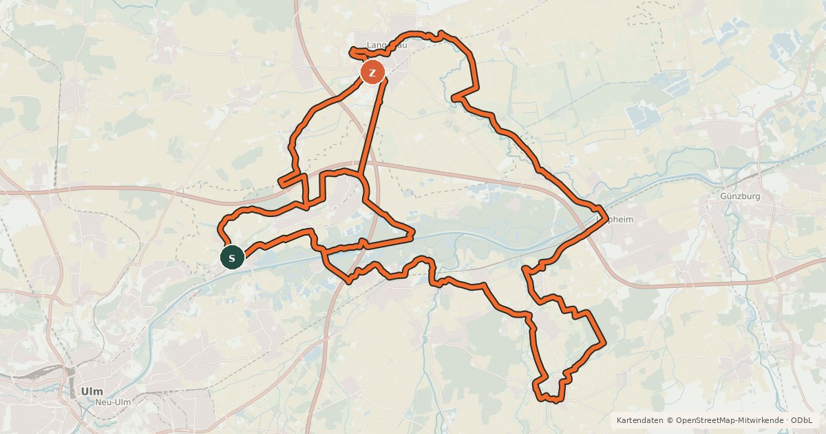 Kartenübersicht der Radroute Wasserspuren - Schwäbisches Donautal - Route 1