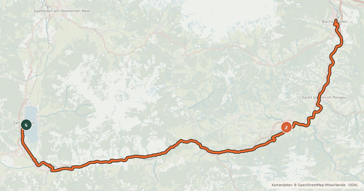 Kartenübersicht der Radroute Waters of Central Europe Route – [AT]_1 – (Zell am See - Bischofshofen)