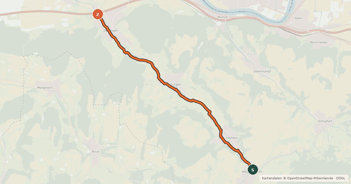 Kartenübersicht der Radroute Wegenstetten-Zeiningen