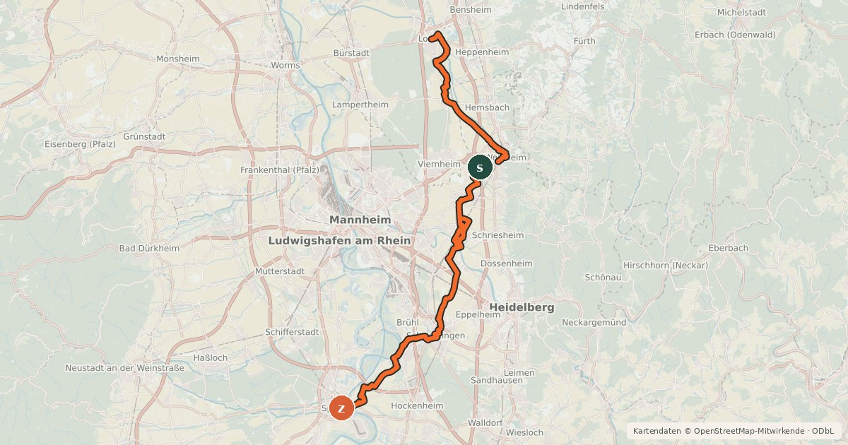 Kartenübersicht der Radroute Welterbe-Radtour Lorsch-Speyer