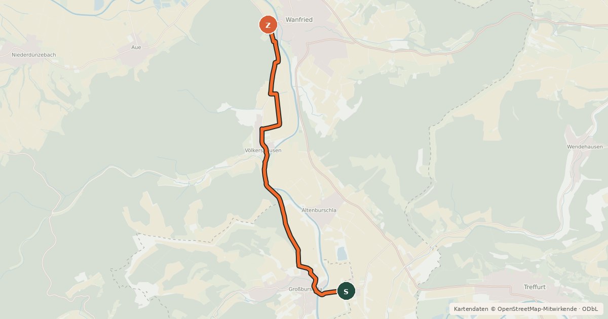 Kartenübersicht der Radroute Werraradweg Variante Großburschla
