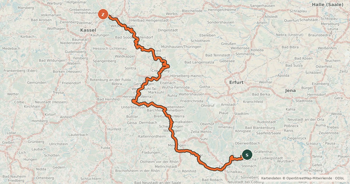 Kartenübersicht der Radroute Werratal-Radweg