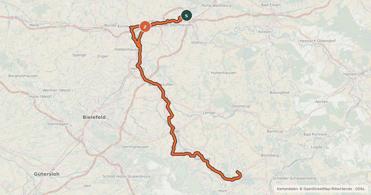 Kartenübersicht der Radroute Werre-Radweg