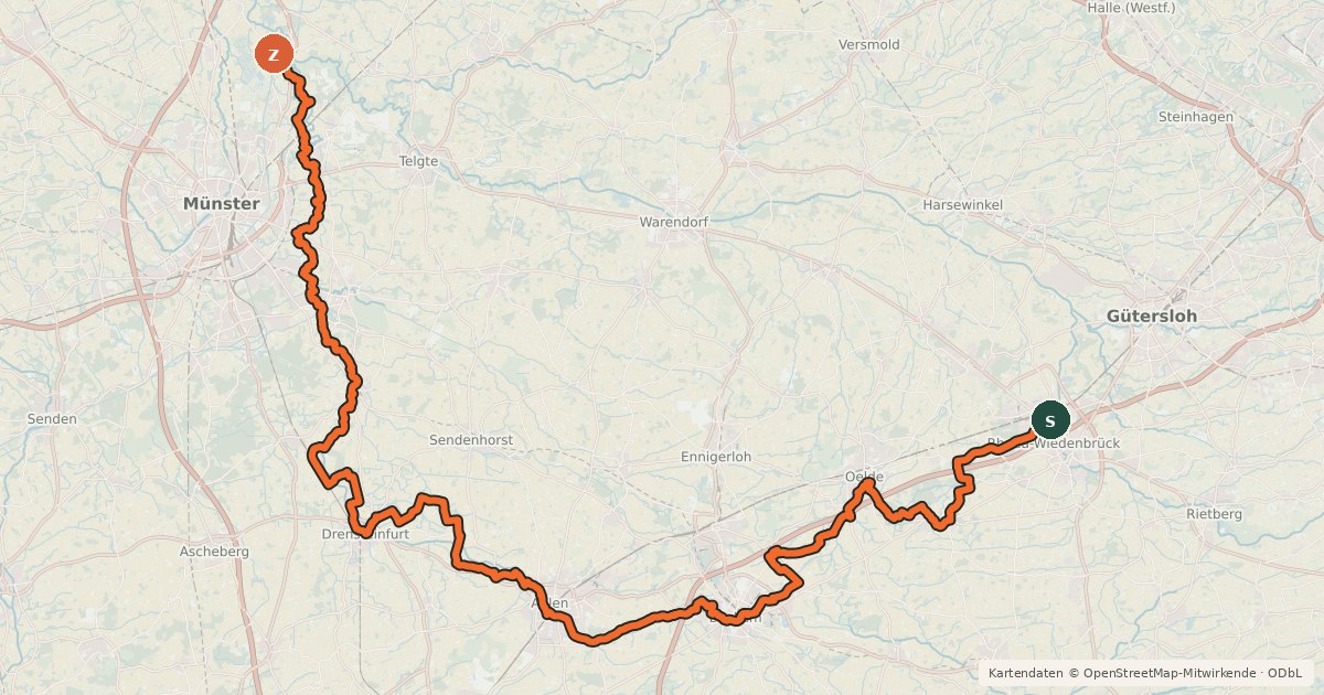 Kartenübersicht der Radroute Werse Radweg Hauptroute