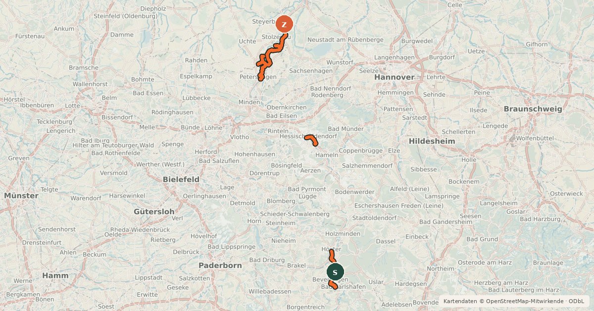Kartenübersicht der Radroute Weser (alternativ)