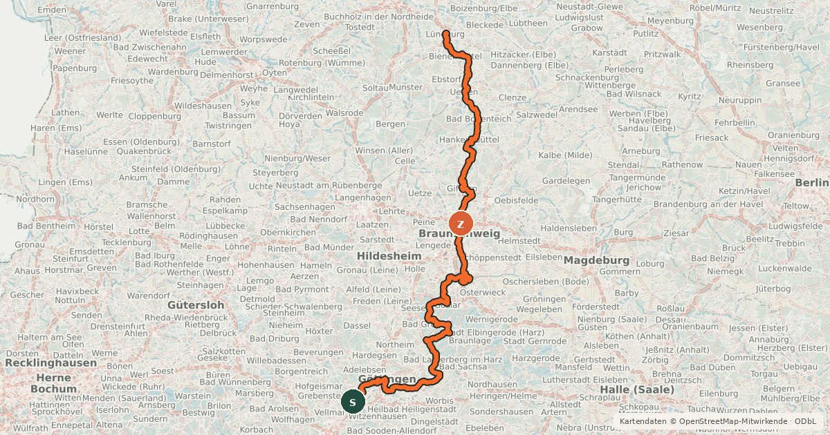 Kartenübersicht der Radroute Weser-Harz-Heide-Radfernweg