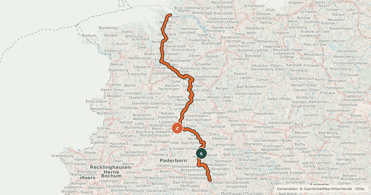Kartenübersicht der Radroute Weser-Radweg