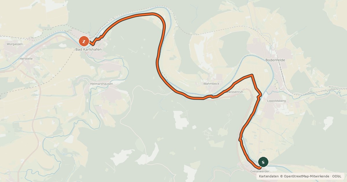 Kartenübersicht der Radroute Weser - Radweg alt.