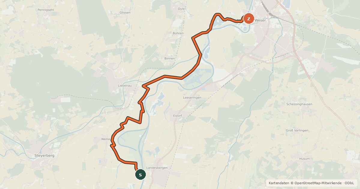 Kartenübersicht der Radroute Weserradweg (Alternativstrecke)