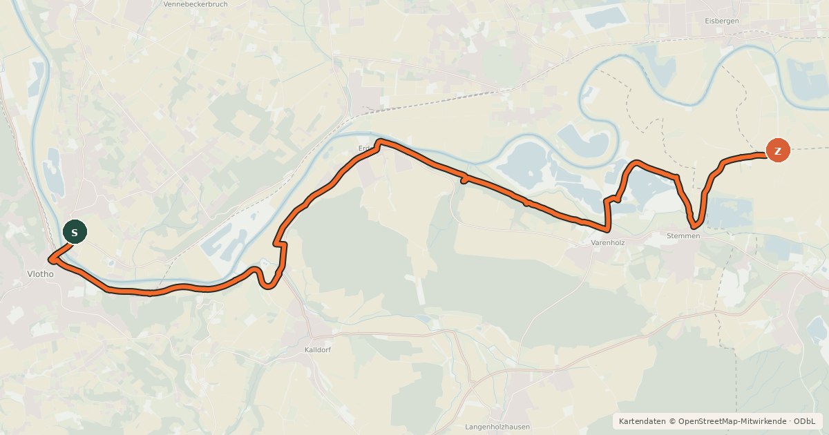 Kartenübersicht der Radroute Weserradweg Nebenroute Rinteln - Kalletal - Vlotho