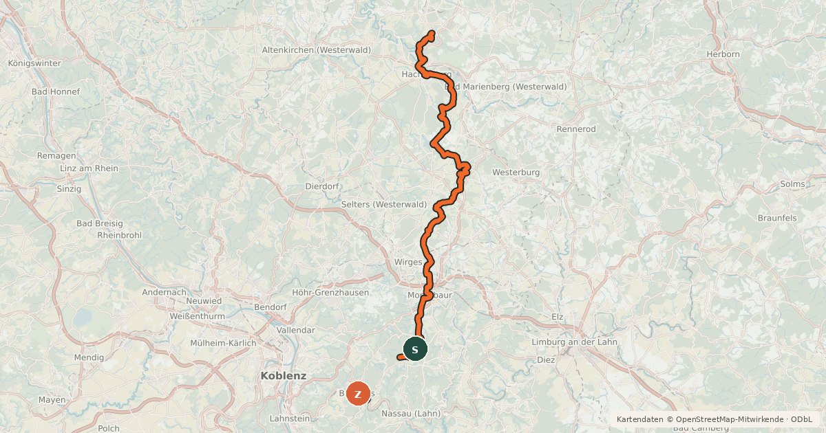 Kartenübersicht der Radroute Westerwald-Lahn-Radweg