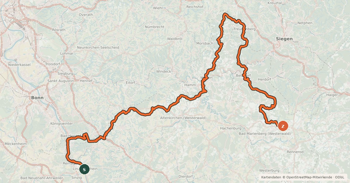 Kartenübersicht der Radroute Westerwaldschleife