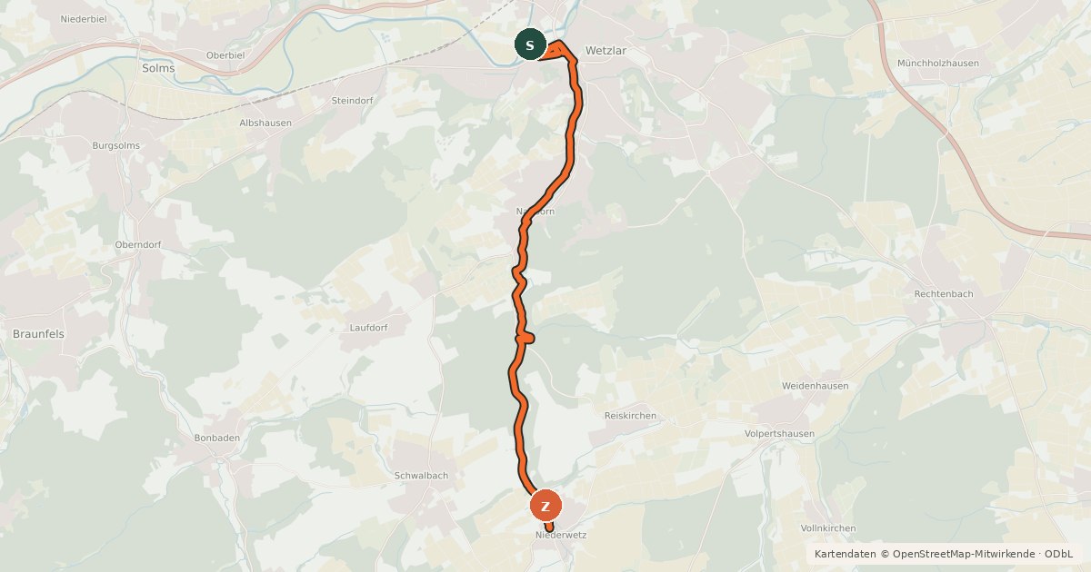 Kartenübersicht der Radroute Wetzlar - Niederwetz