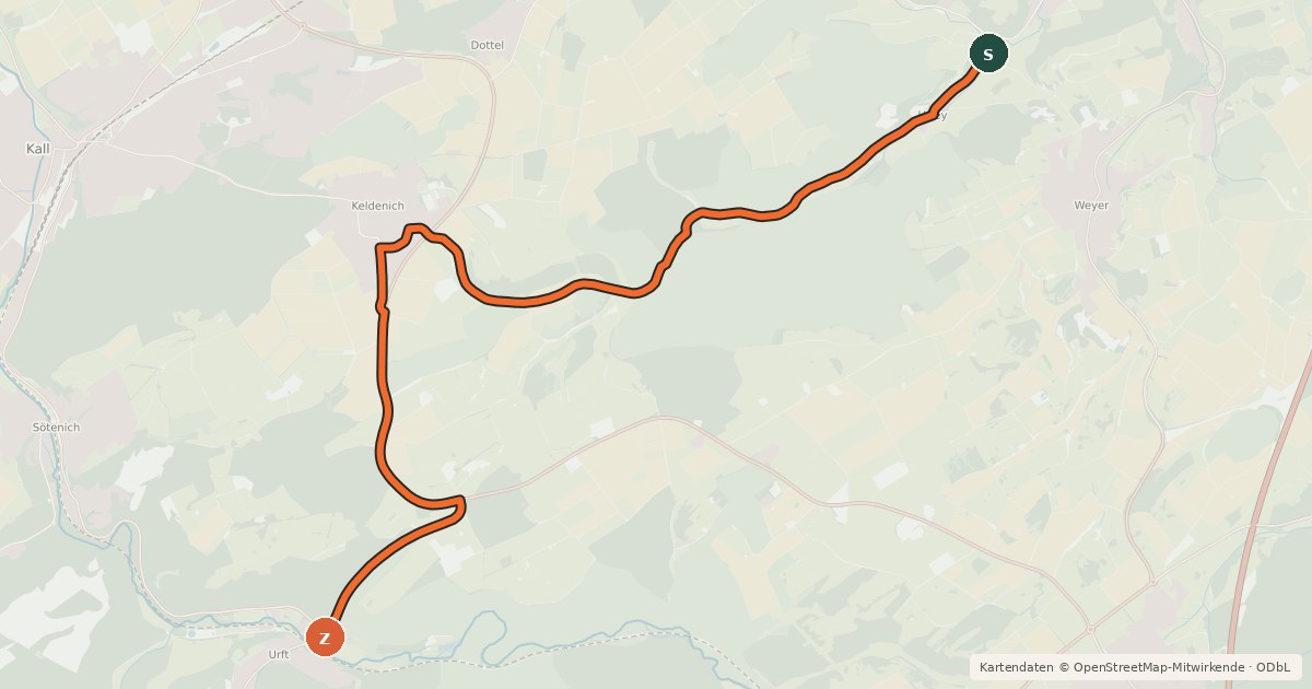 Kartenübersicht der Radroute Weyer (24) - Urft (36)