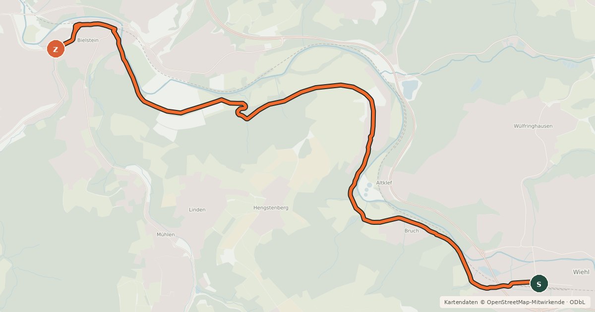 Kartenübersicht der Radroute Wiehl (22) - Wiehl (52)