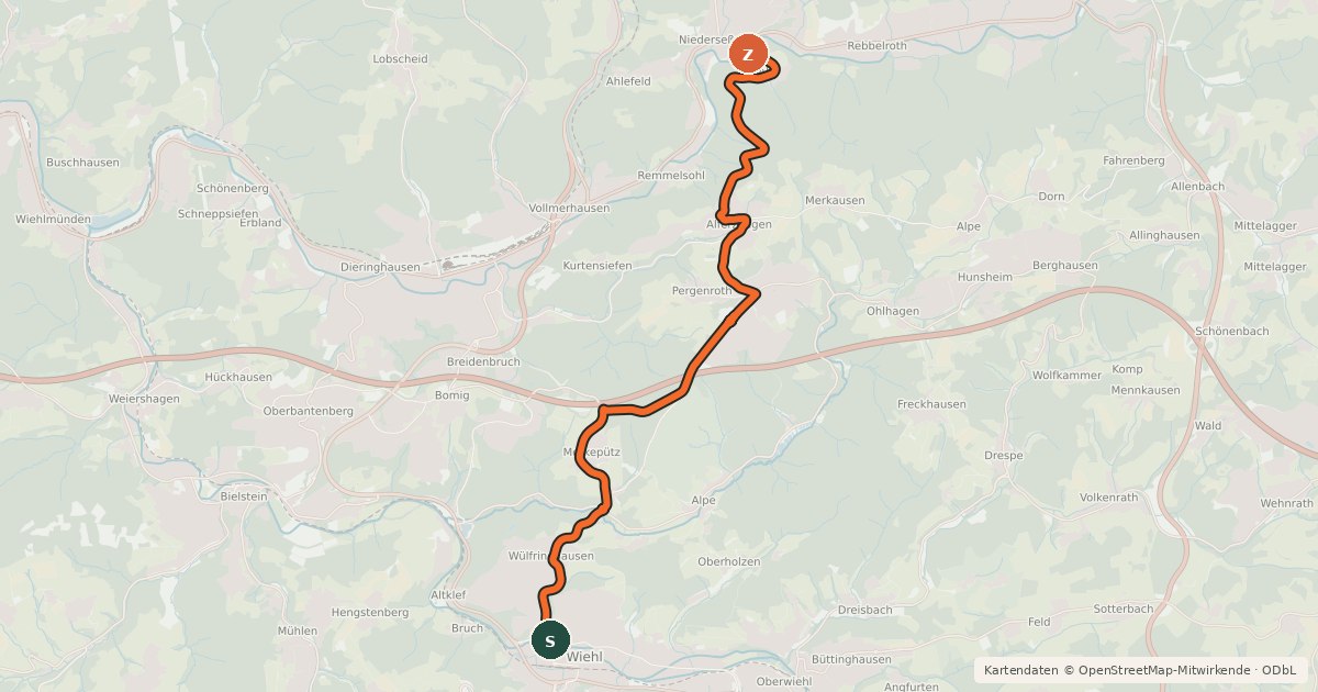 Kartenübersicht der Radroute Wiehl (23) - Gummersbach (39)