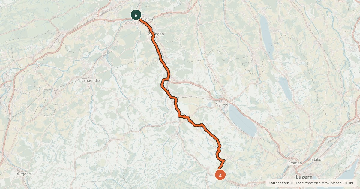 Kartenübersicht der Radroute Wiggertal–Glaubenberg
