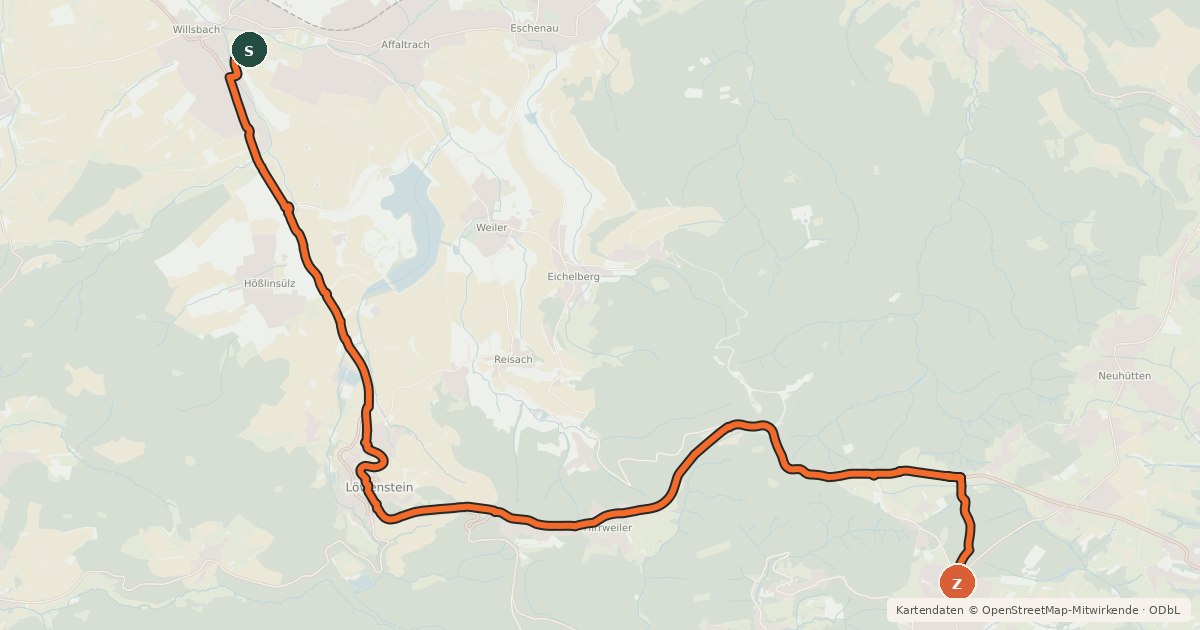 Kartenübersicht der Radroute Wilsbach-Löwenstein-Wüstenrot